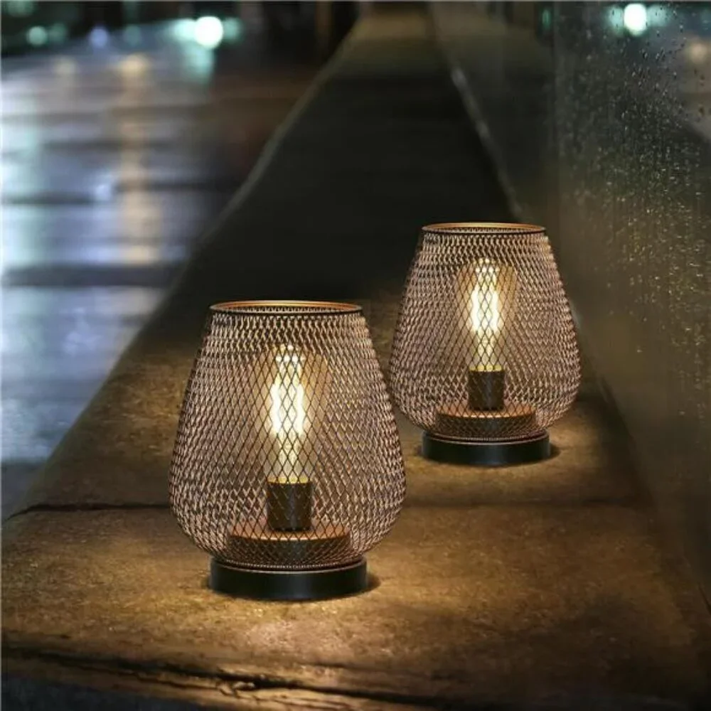 Set of 2 Metal Cage LED Lanterns Battery Powered Indoor Outdoor Decoration Bronz